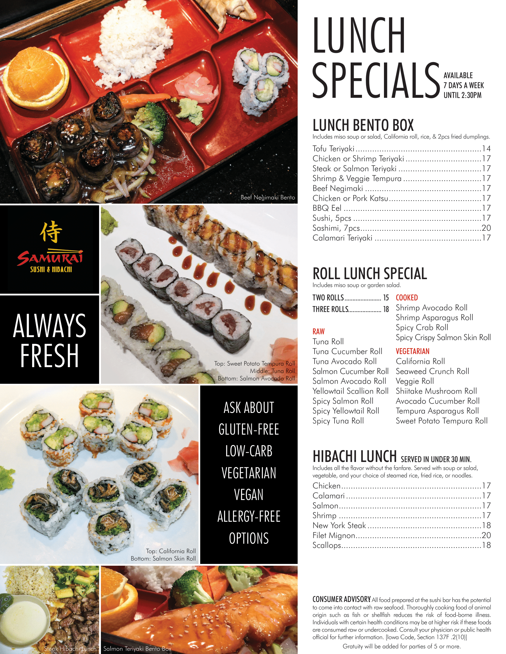 Samurai Sushi and Hibachi menu — page 1